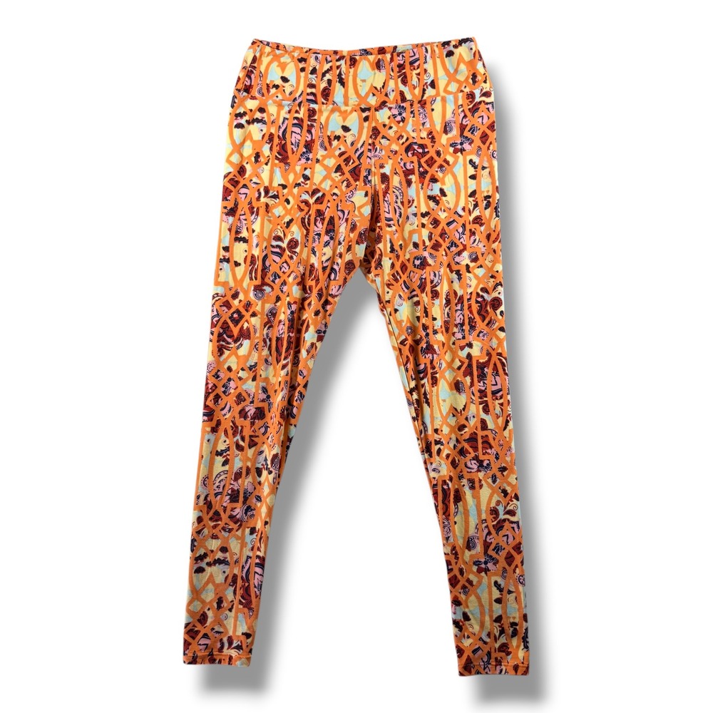 LuLaRoe Tall & Curvy Leggings Orange Yellow Paisley Geometric Print Soft Stretch